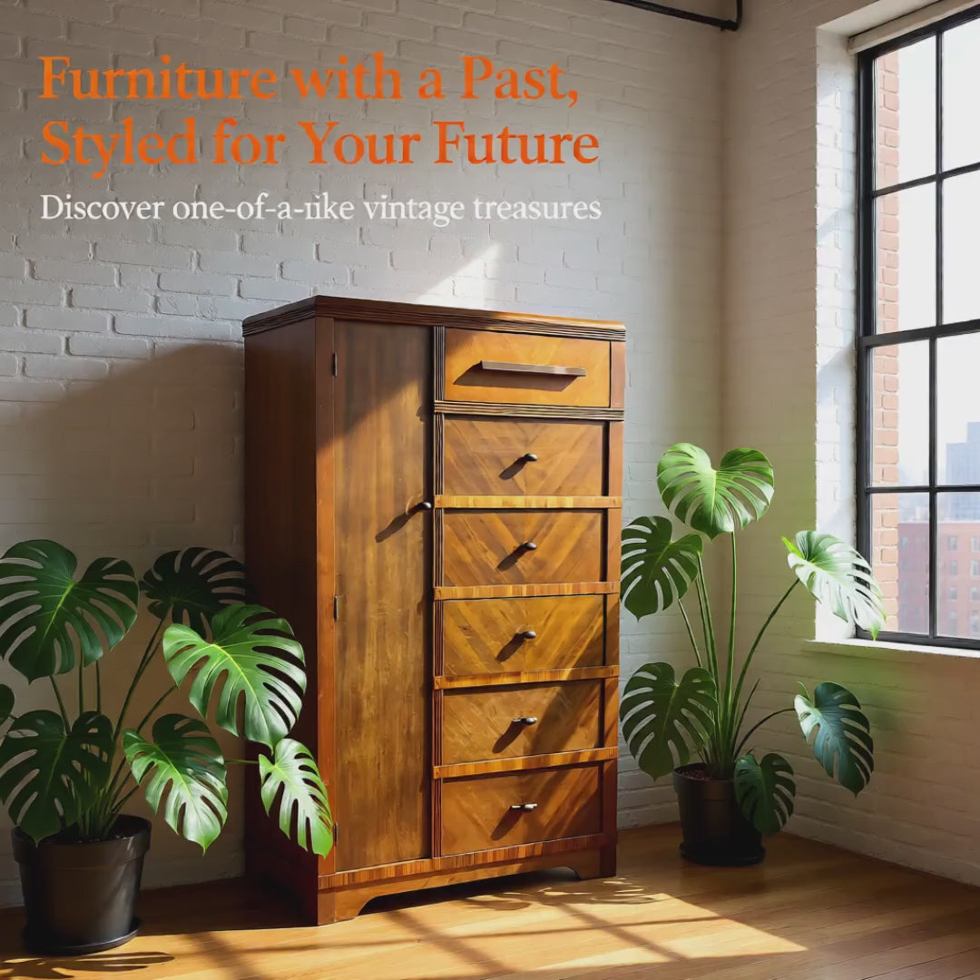 Vintage Waterfall Chifforobe 1930-40's Mid-Century Modern Wooden Dresser With Wardrobe Cabinet & 6 Drawers For Storage