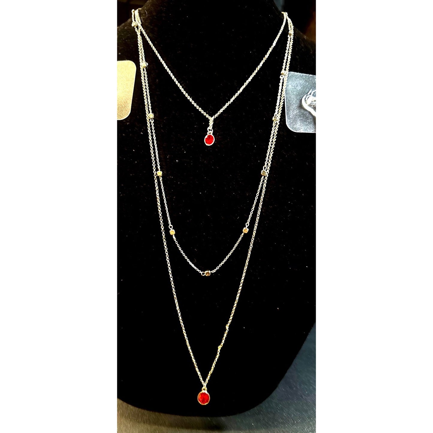 Paparazzi Silver Layered Necklace & Earrings Set With Red Gem Accents