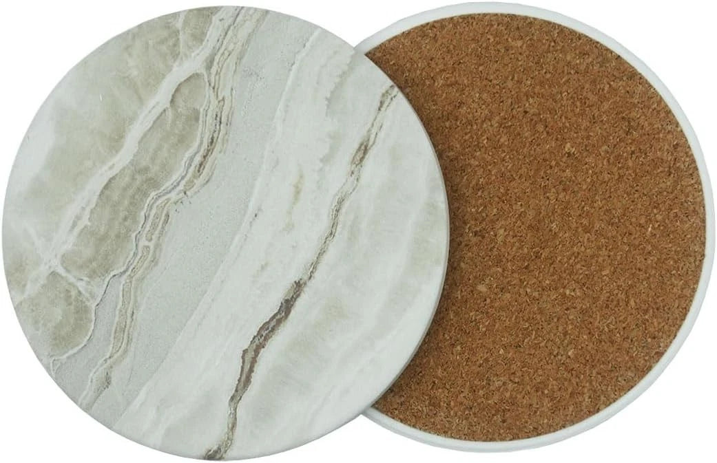 6 PCS Drink Coasters with Holder, 4 Inch Marble Style Ceramic Coaster for Coffee