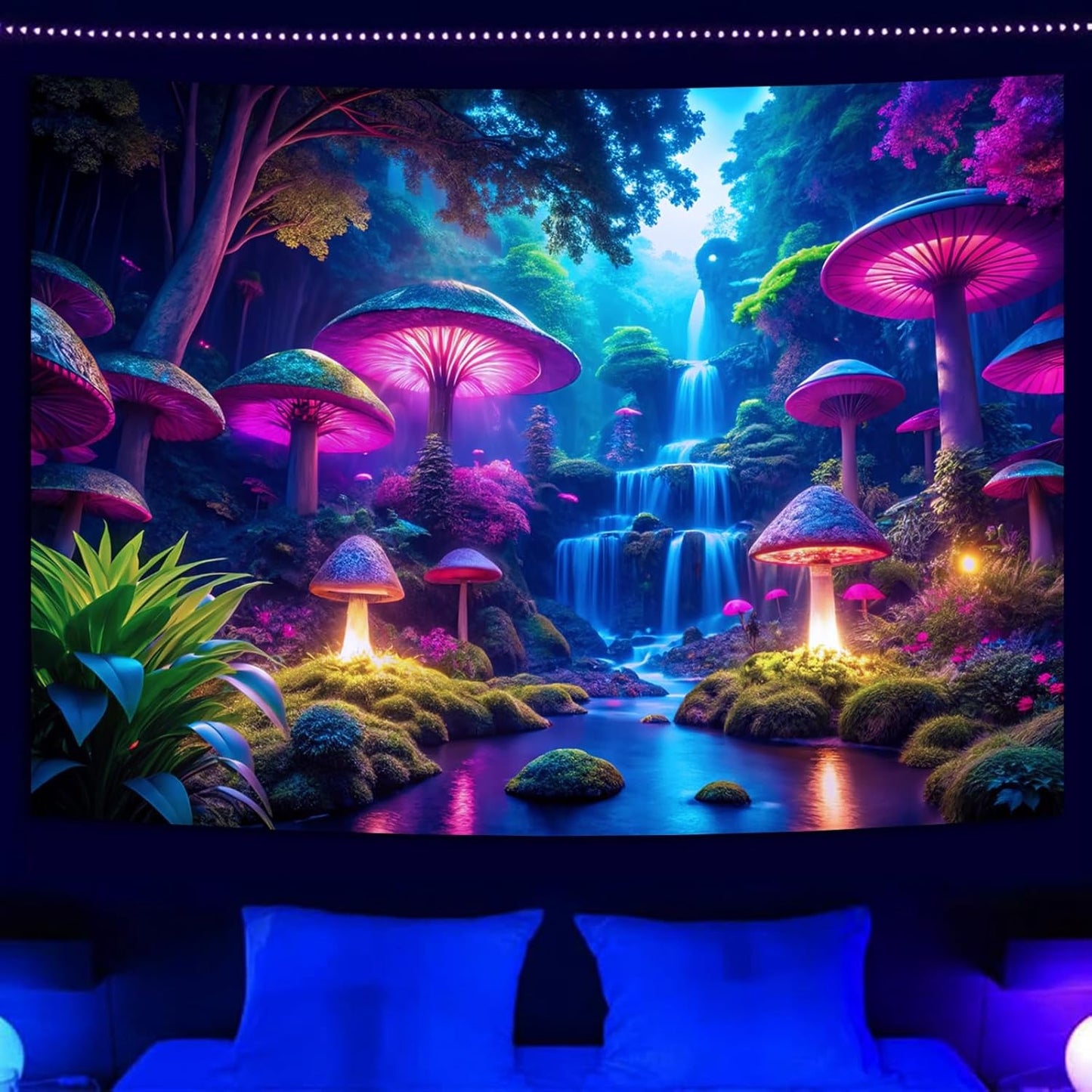 Blacklight Fantasy Mushroom Waterfall Tapestry – UV Reactive Neon Forest Wall Ha
