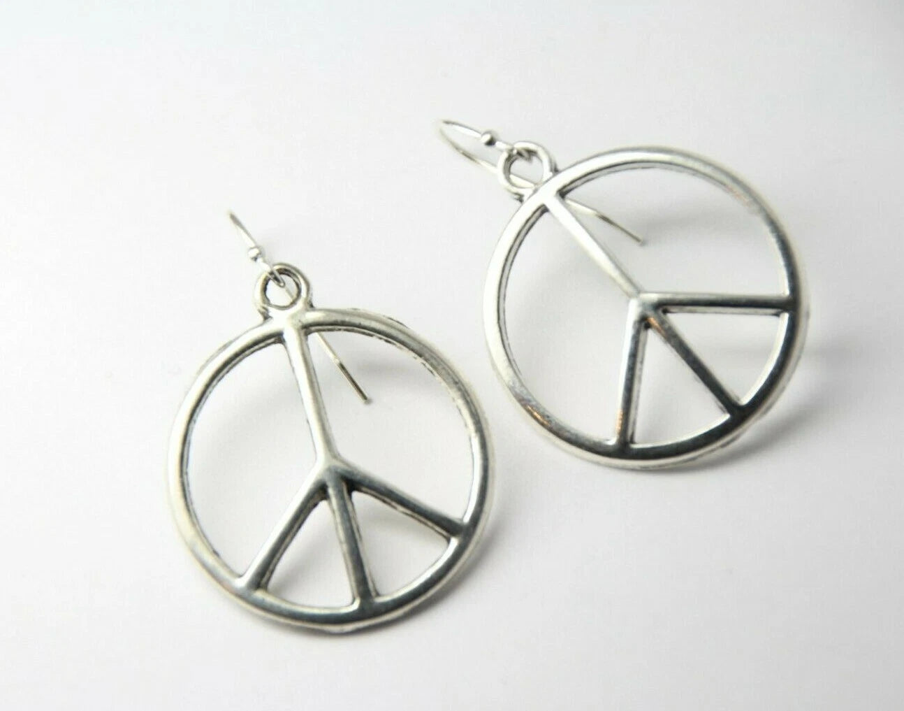 Peace Sign Charm Earrings Hippie 1960s 925 Sterling Silver Hooks Pewter Charms
