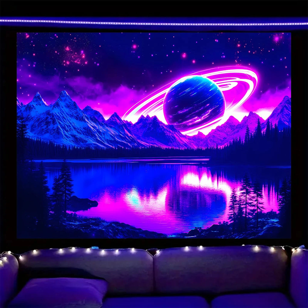Blacklight Tapestry Uv Reactive Saturn Planet Space Wall Hanging Art 59x40 In