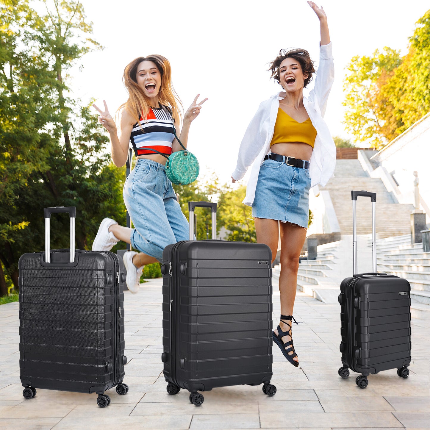 Expandable Luggage Set 3 Piece 21"26"30" Black Hardshell Suitcase with TSA Lock
