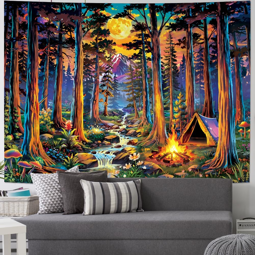 Blacklight Fantasy Forest Tapestry UV Reactive Galaxy Space Moon Tapestry Trippy