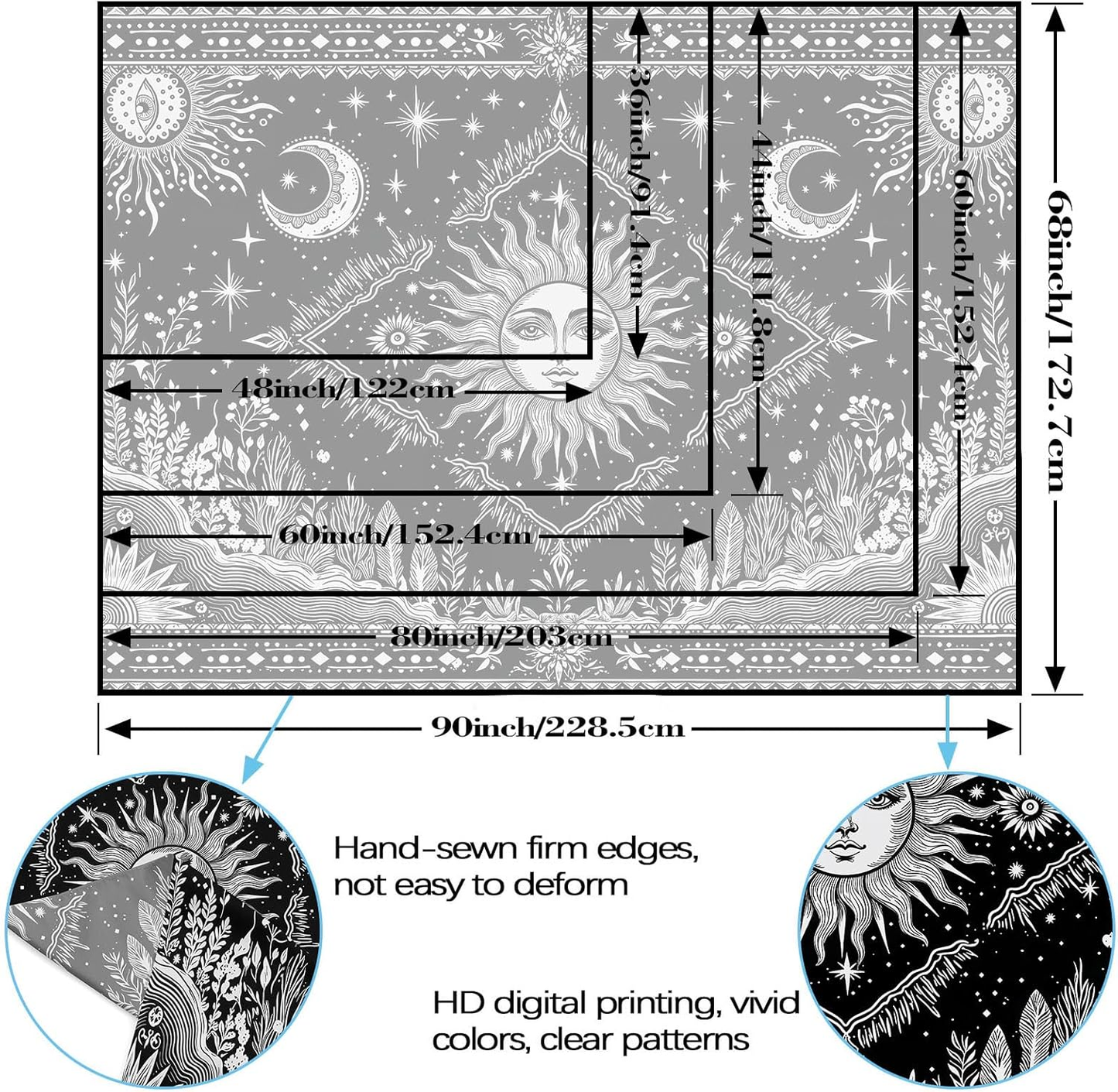 Black and White Sun and Moon Tapestry Hippie Boho Celestial Wall Tapestry for Be