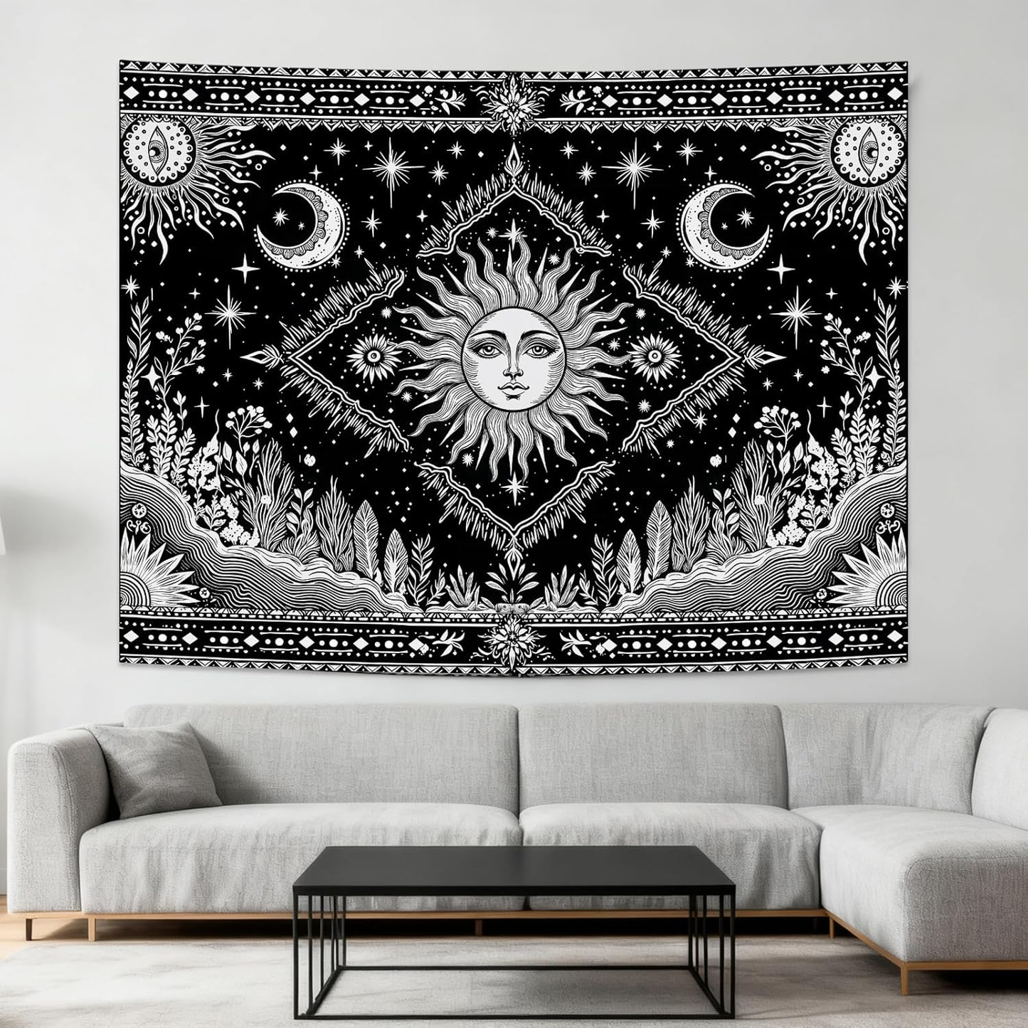 Black and White Sun and Moon Tapestry Hippie Boho Celestial Wall Tapestry for Be