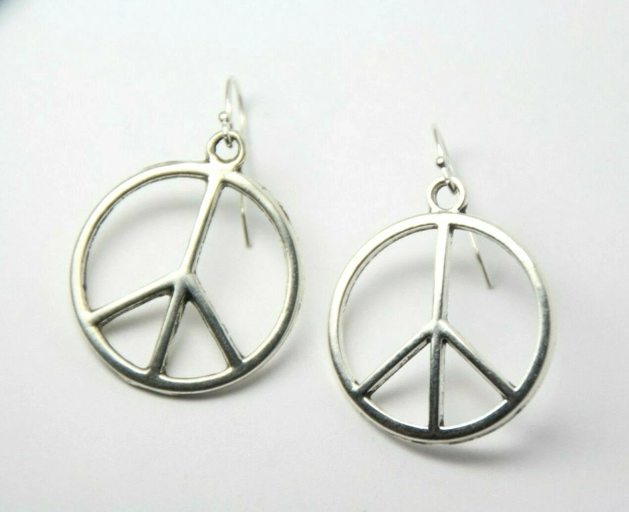 Peace Sign Charm Earrings Hippie 1960s 925 Sterling Silver Hooks Pewter Charms