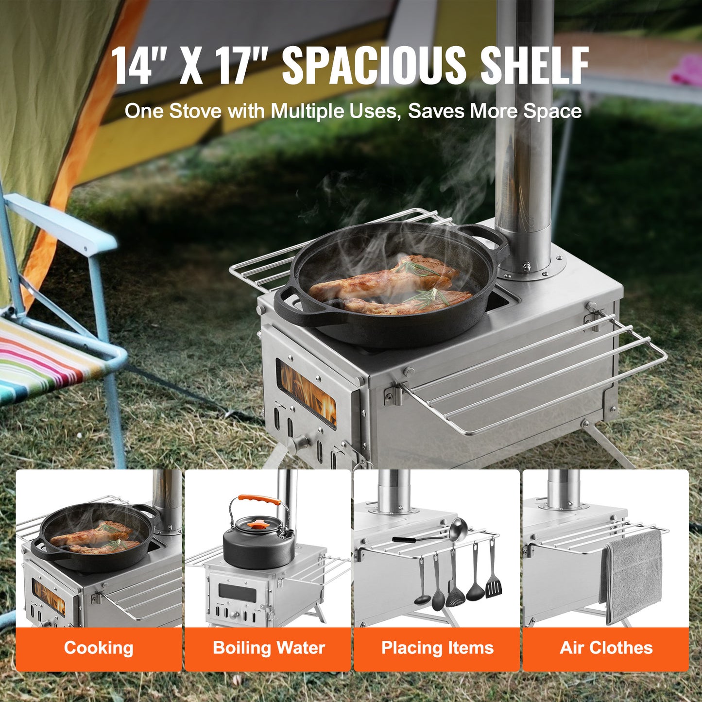 Portable Wood Stove Camping Hot Tent BBQ Stove 80 in for Outdoor w/ Pipes