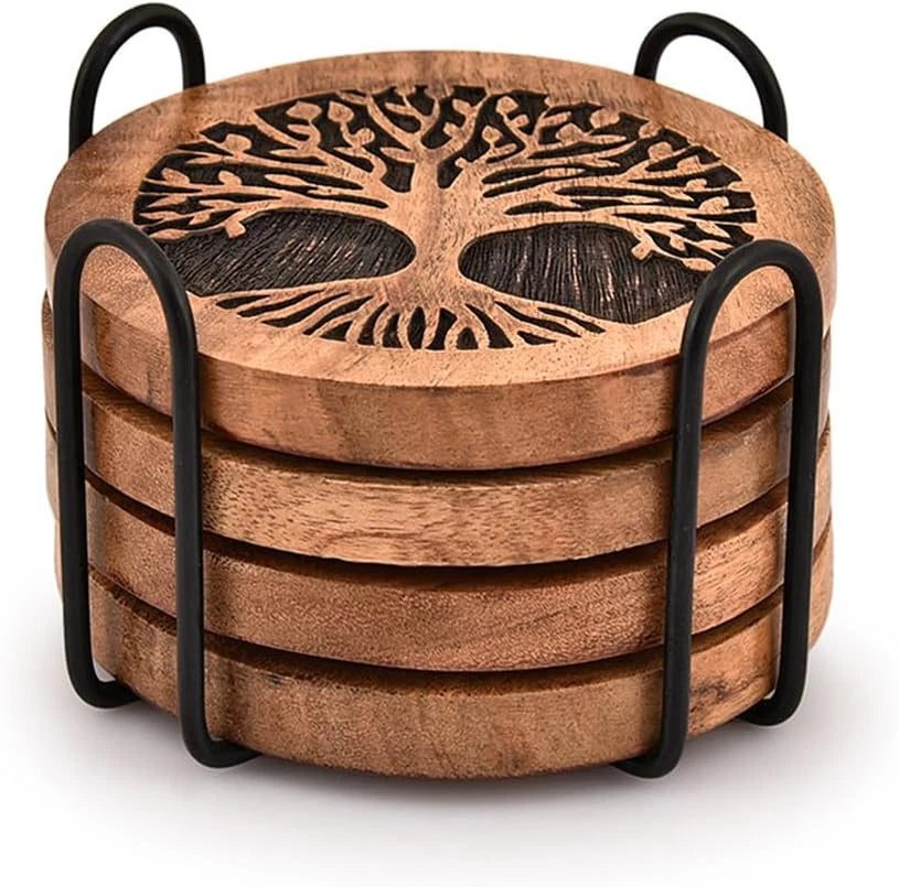 Coasters Set of 4 Handmade Round Wooden Tree of Life Coasters for Drinks with Ir