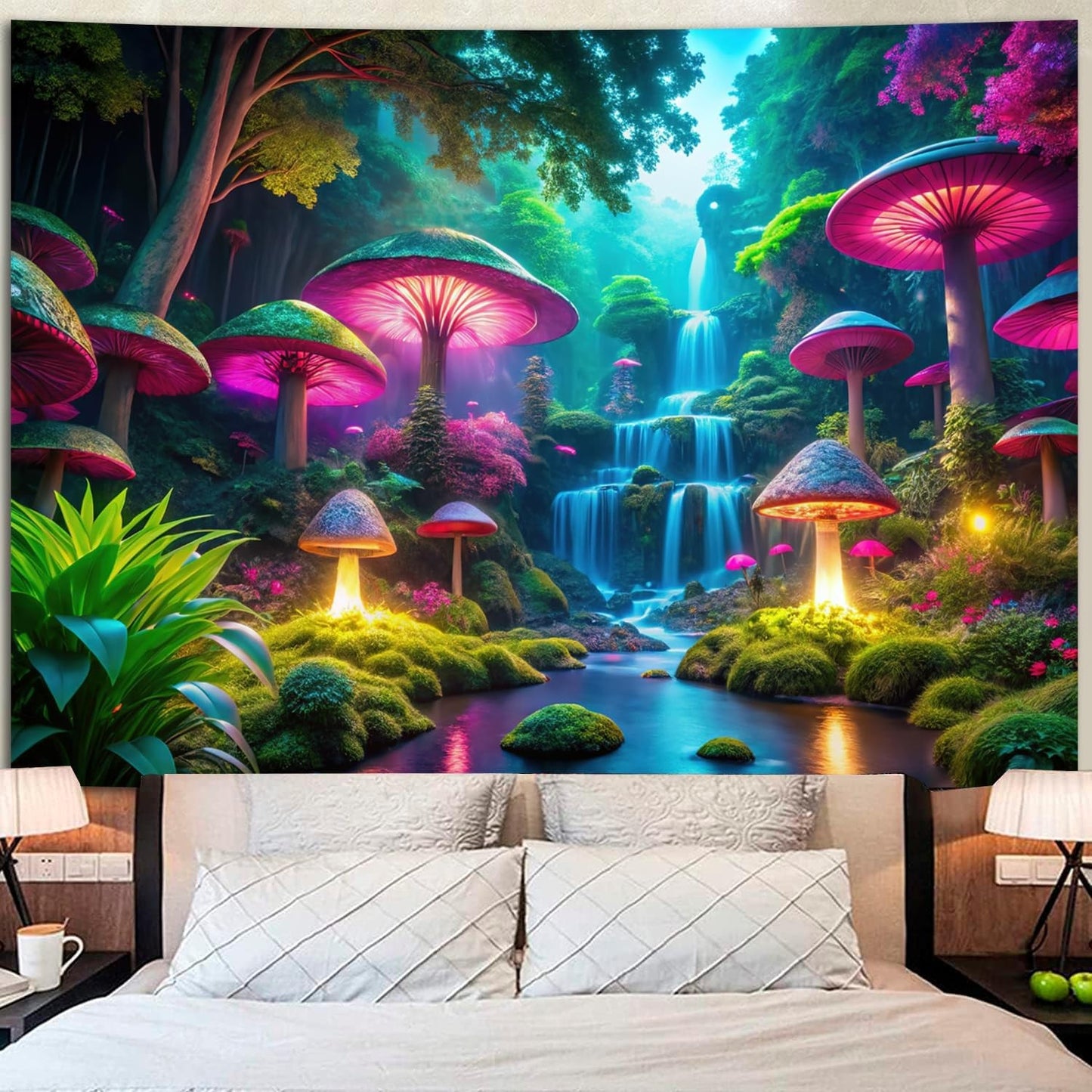 Blacklight Fantasy Mushroom Waterfall Tapestry – UV Reactive Neon Forest Wall Ha