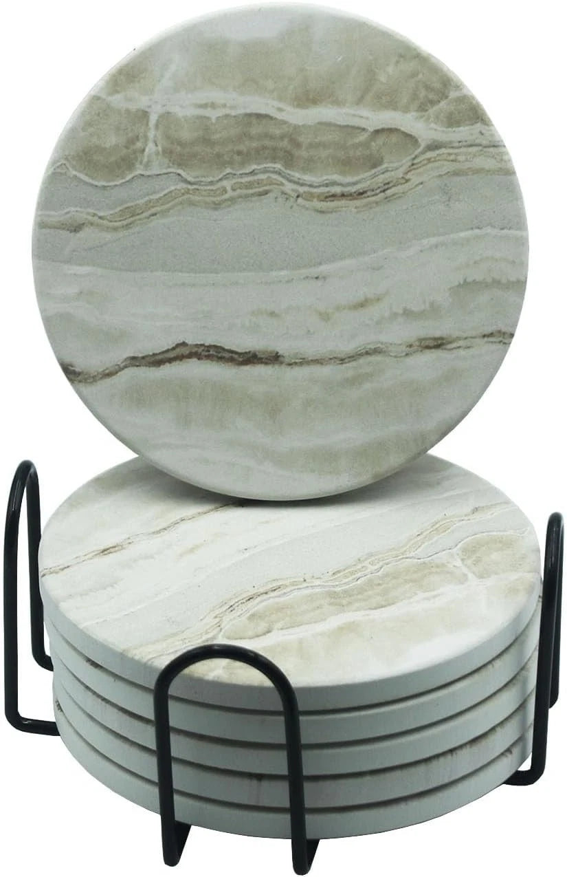 6 PCS Drink Coasters with Holder, 4 Inch Marble Style Ceramic Coaster for Coffee