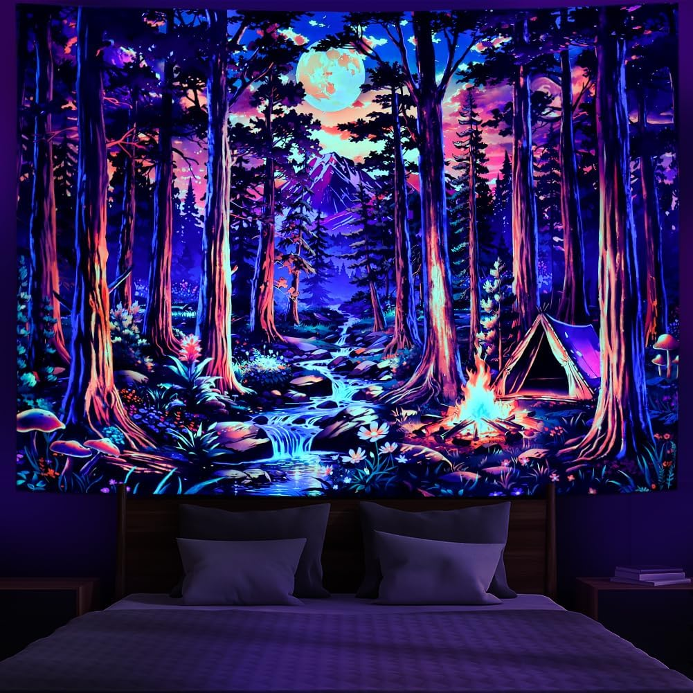 Blacklight Fantasy Forest Tapestry UV Reactive Galaxy Space Moon Tapestry Trippy