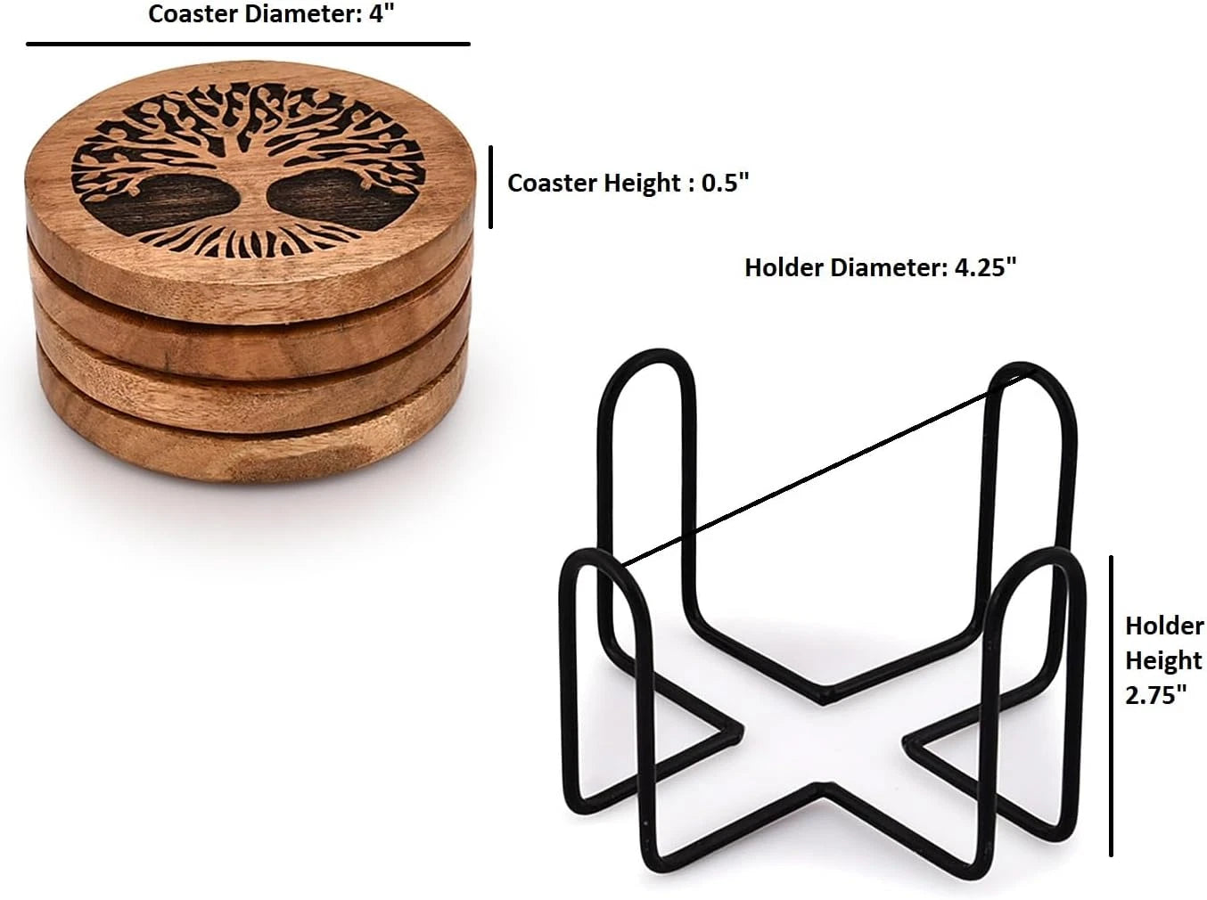 Coasters Set of 4 Handmade Round Wooden Tree of Life Coasters for Drinks with Ir