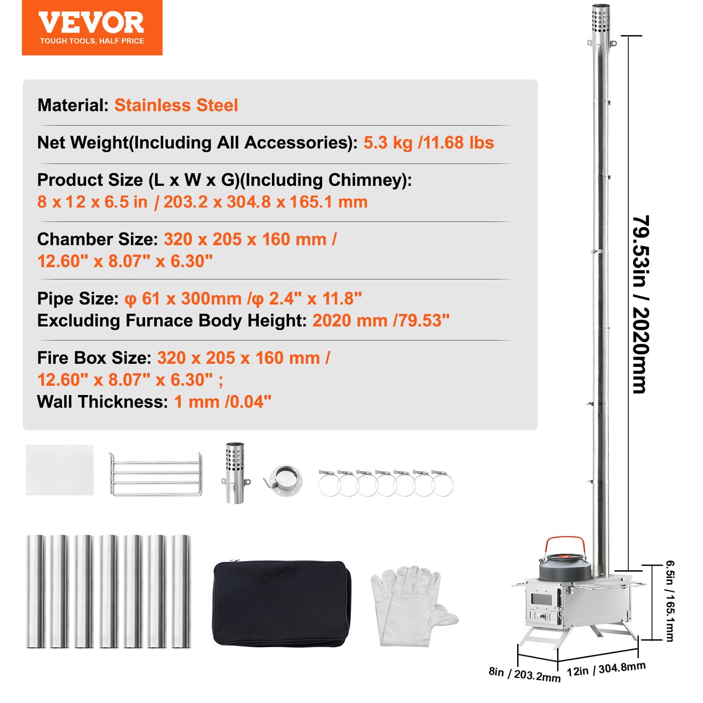 Portable Wood Stove Camping Hot Tent BBQ Stove 80 in for Outdoor w/ Pipes