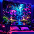 Blacklight Fantasy Mushroom Waterfall Tapestry – UV Reactive Neon Forest Wall Ha