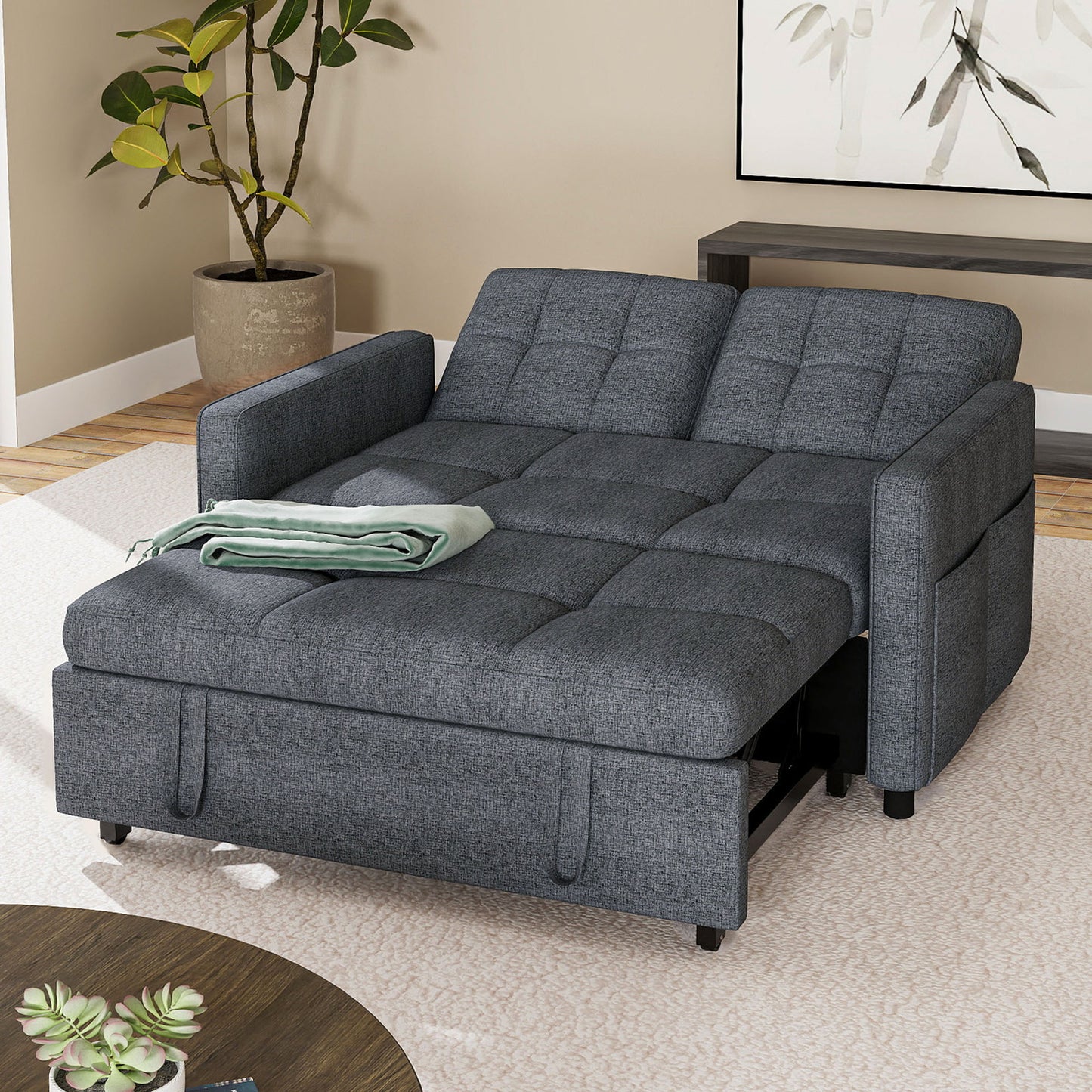 3 in 1 Convertible Sofa Bed 55 inch Sleeper Sofa Linen Loveseat Futon Couch