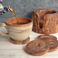 Wooden Coasters with Rustic Holder, Set of 6 Handmade Olive Wood Coasters in Log