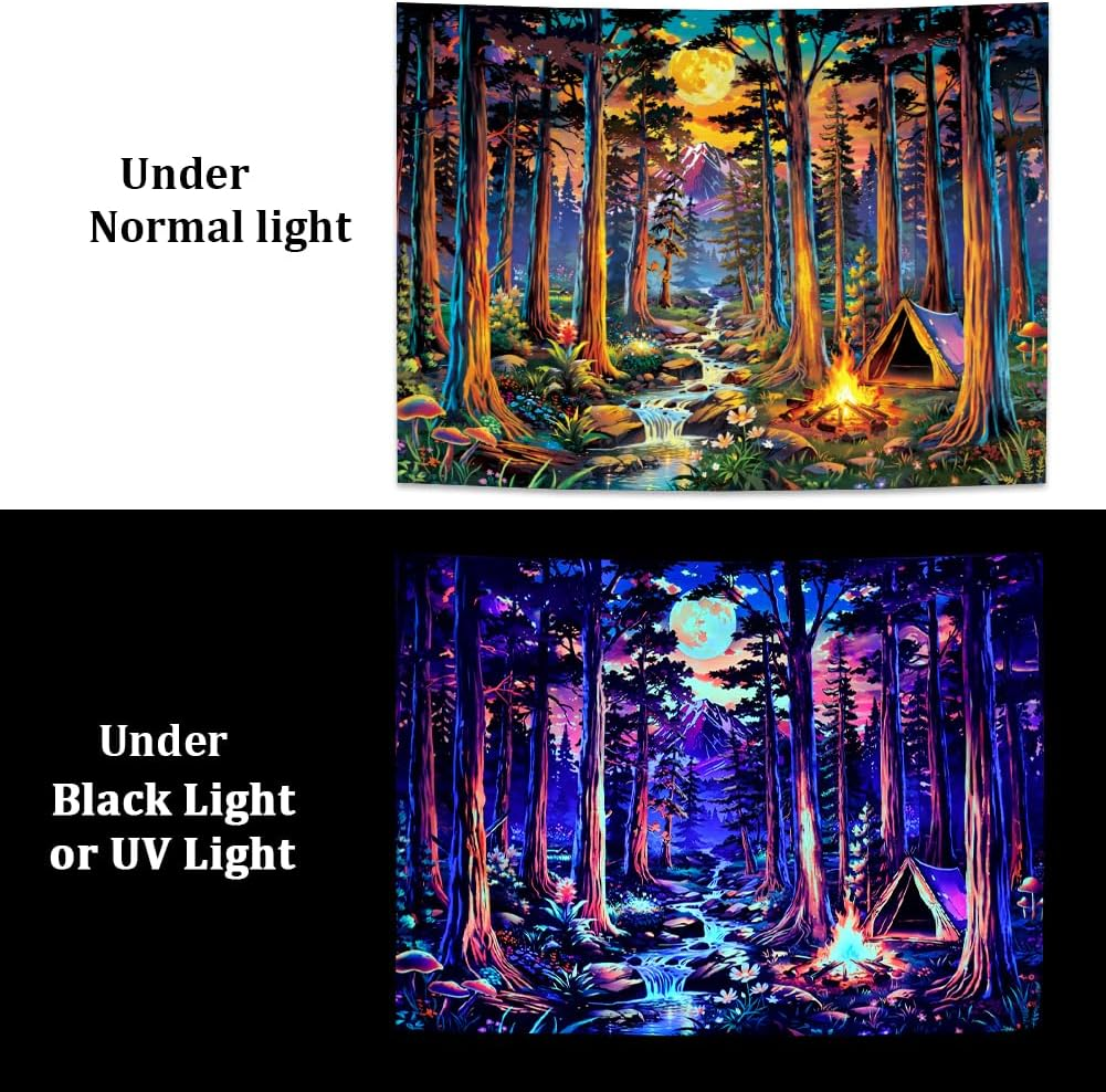 Blacklight Fantasy Forest Tapestry UV Reactive Galaxy Space Moon Tapestry Trippy