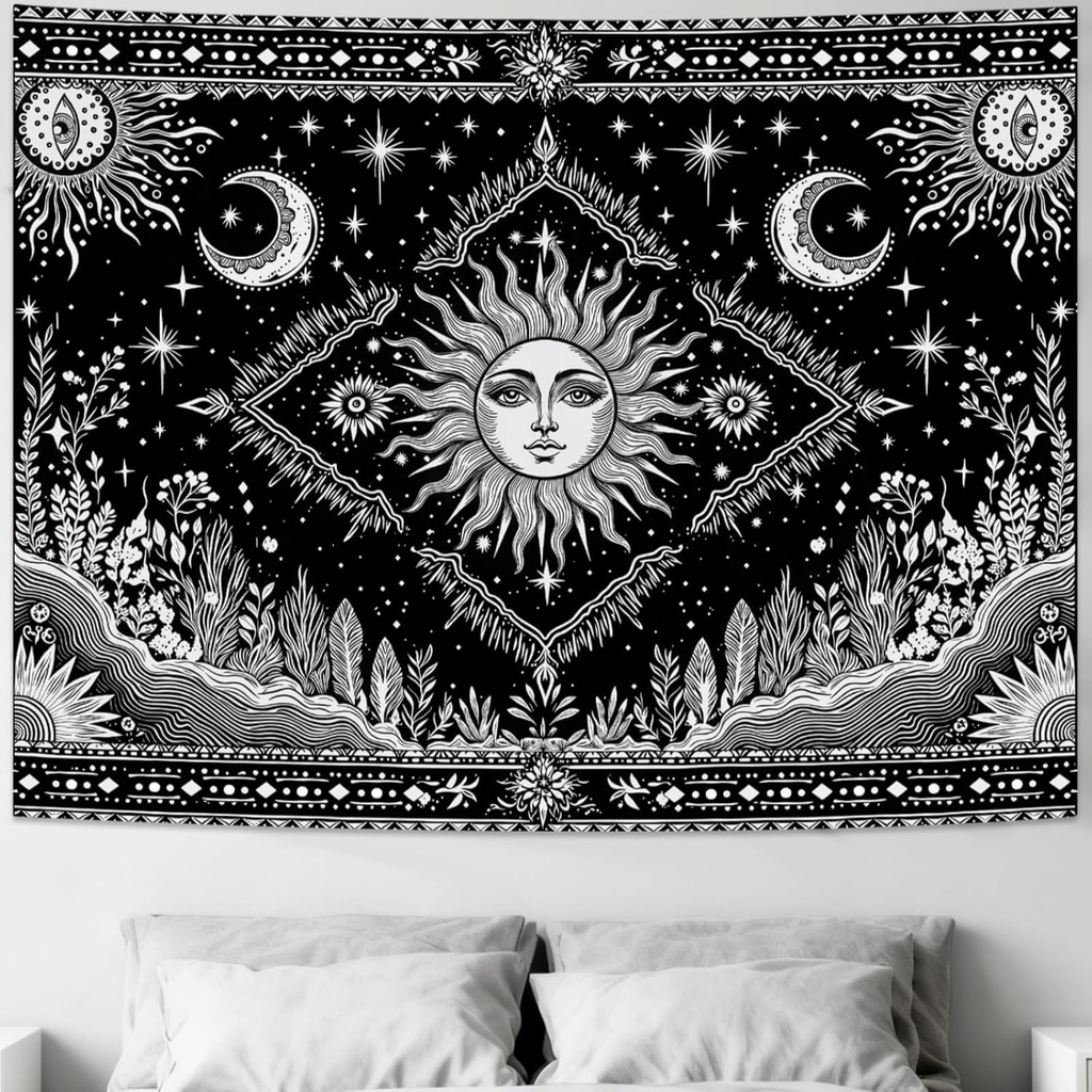 Black and White Sun and Moon Tapestry Hippie Boho Celestial Wall Tapestry for Be