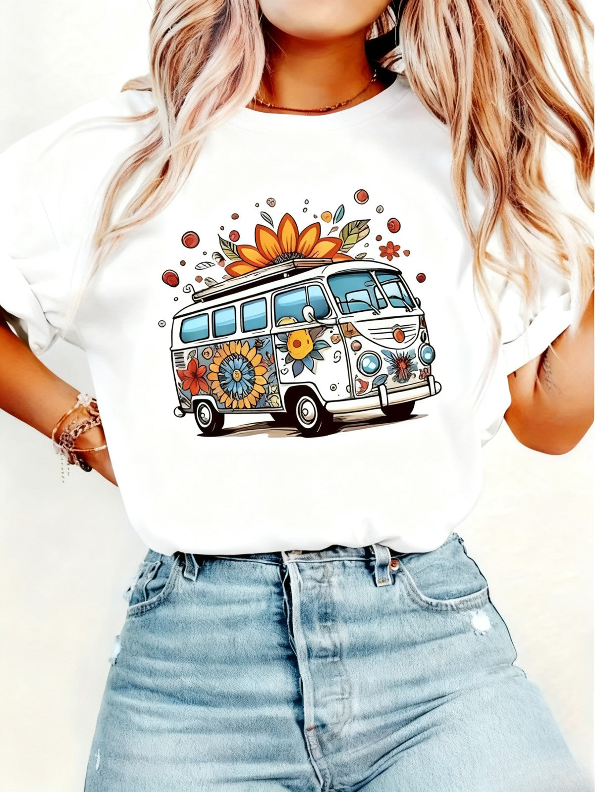 Women's Vintage Hippie Van T-Shirt Floral Boho Retro Bus White Black Casual Top | eBayPágina principal de eBayMás información, sobre el estado del artículoDiners Club