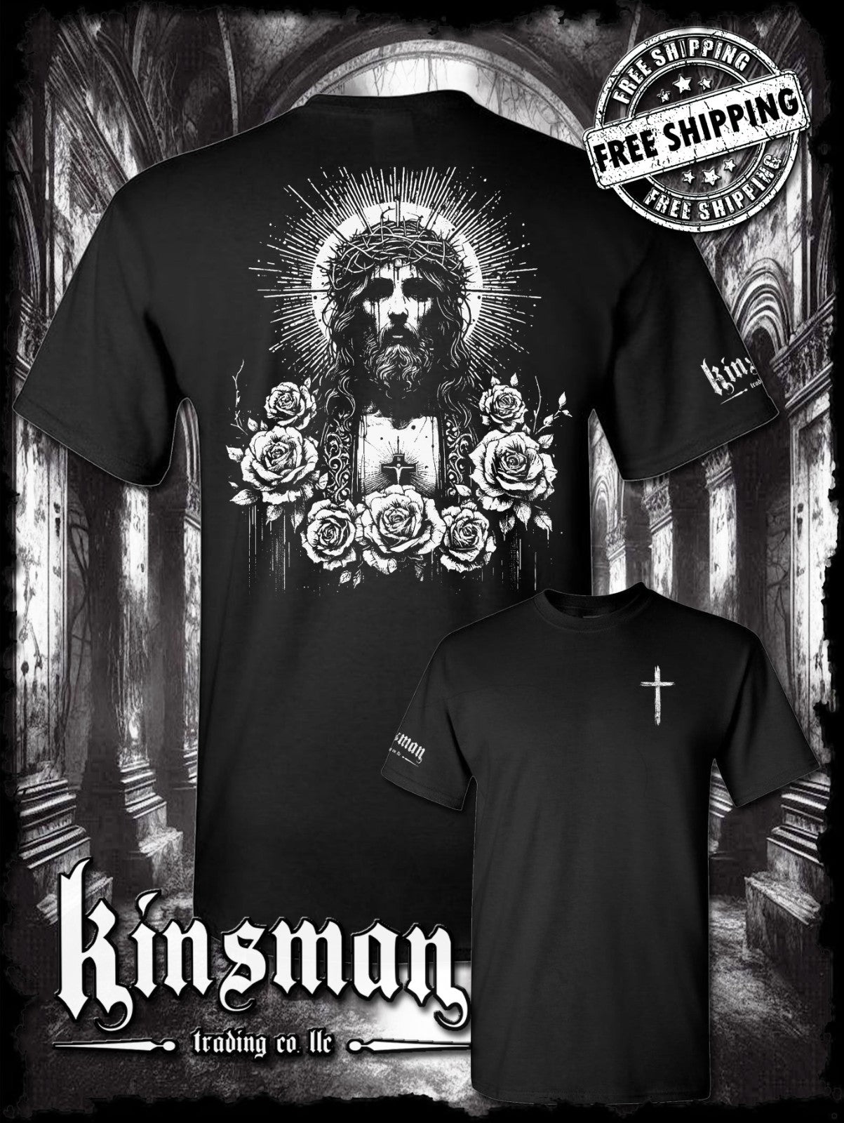 Jesus Christ Floral Portrait 2-Sided T-Shirt - Faith God Christian Catholic