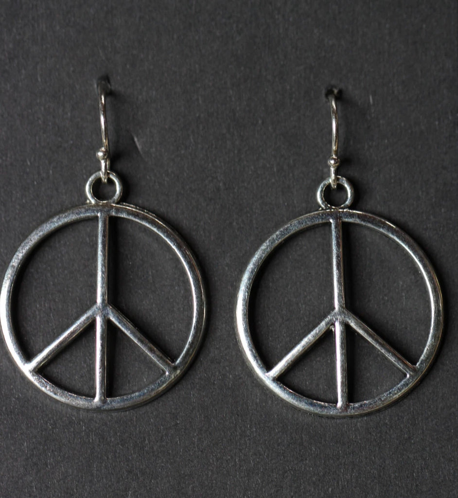 Peace Sign Charm Earrings Hippie 1960s 925 Sterling Silver Hooks Pewter Charms