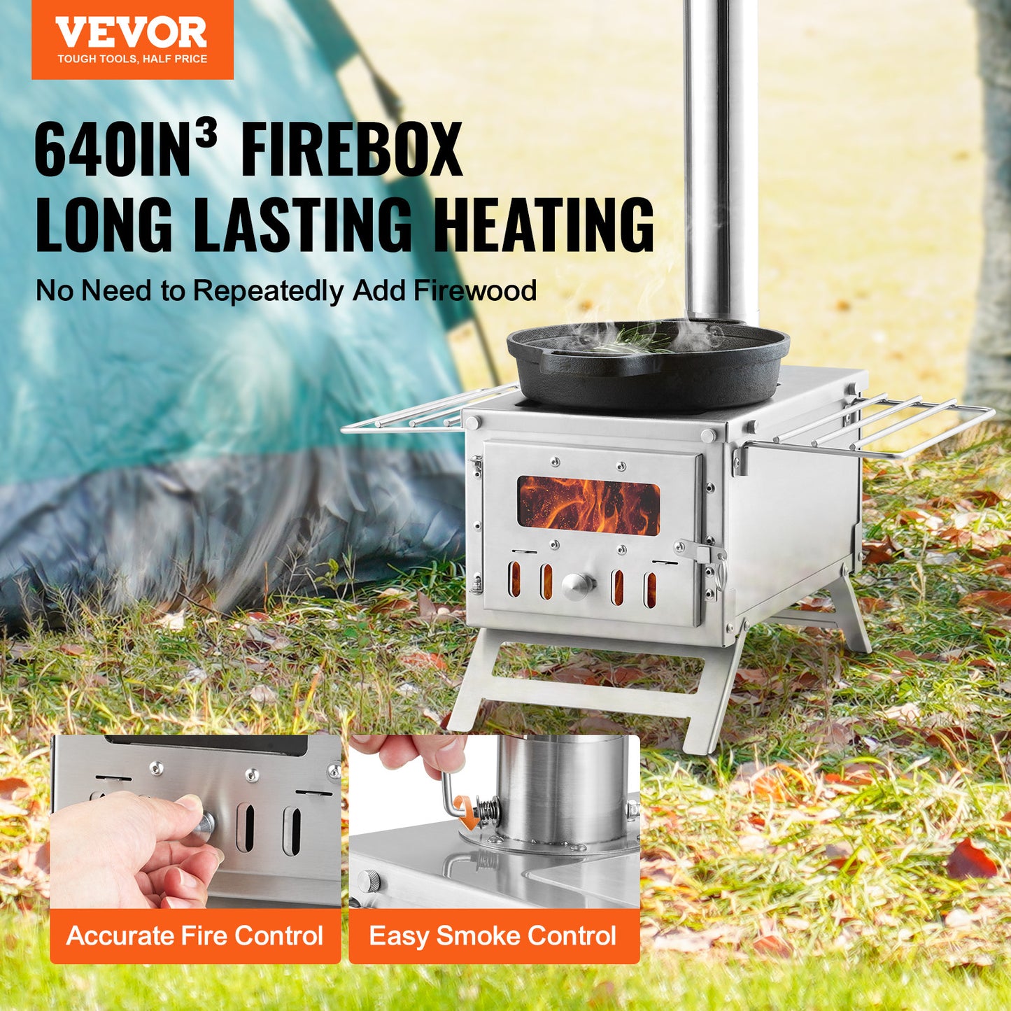 Portable Wood Stove Camping Hot Tent BBQ Stove 80 in for Outdoor w/ Pipes