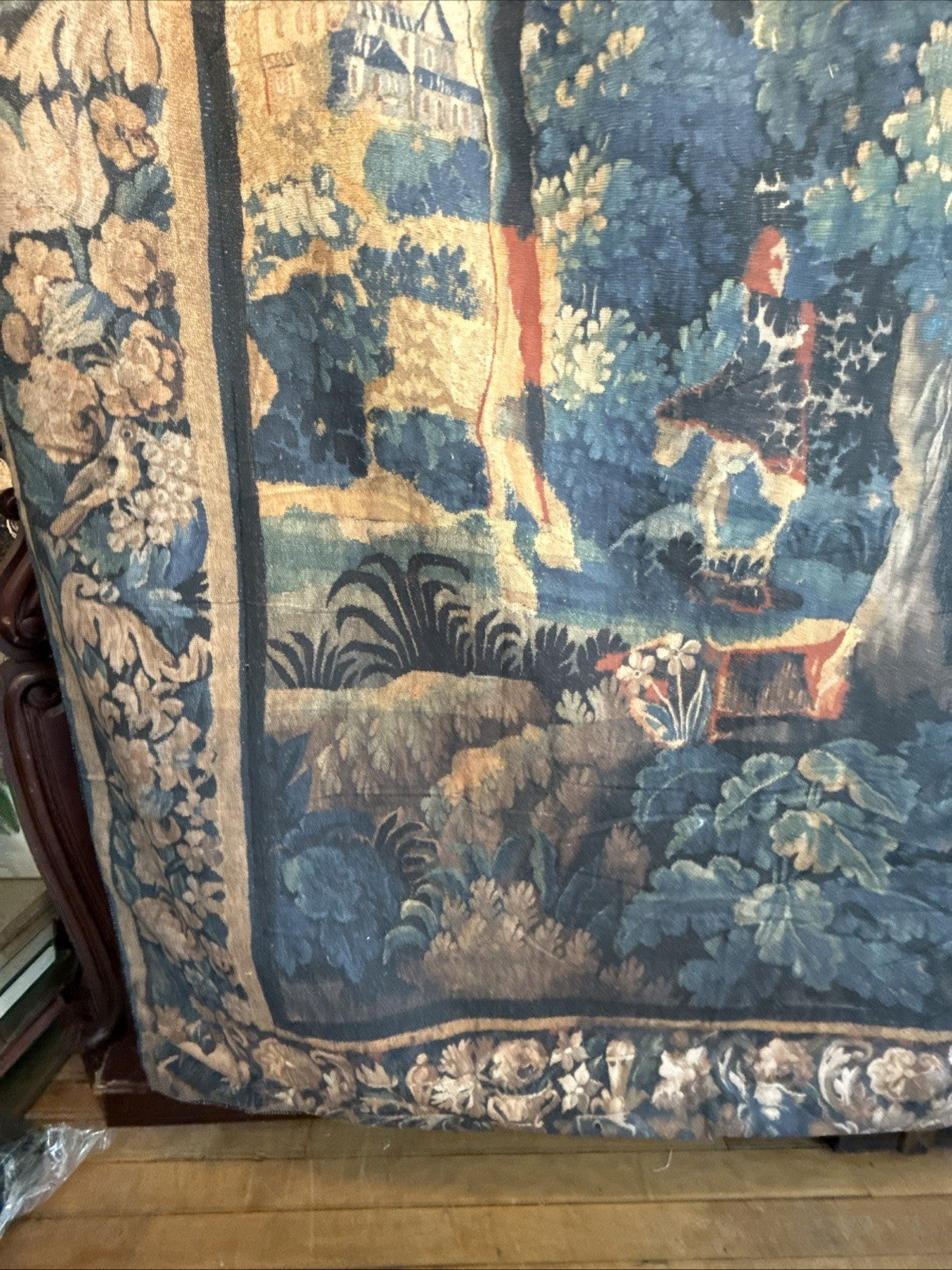 Fully Backed Antique Style Aubusson Verdure Tapestry Reproduction 90inch Tall