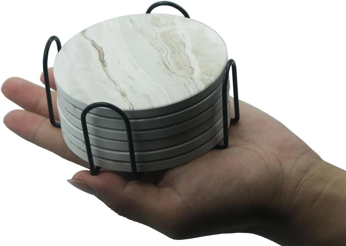 6 PCS Drink Coasters with Holder, 4 Inch Marble Style Ceramic Coaster for Coffee