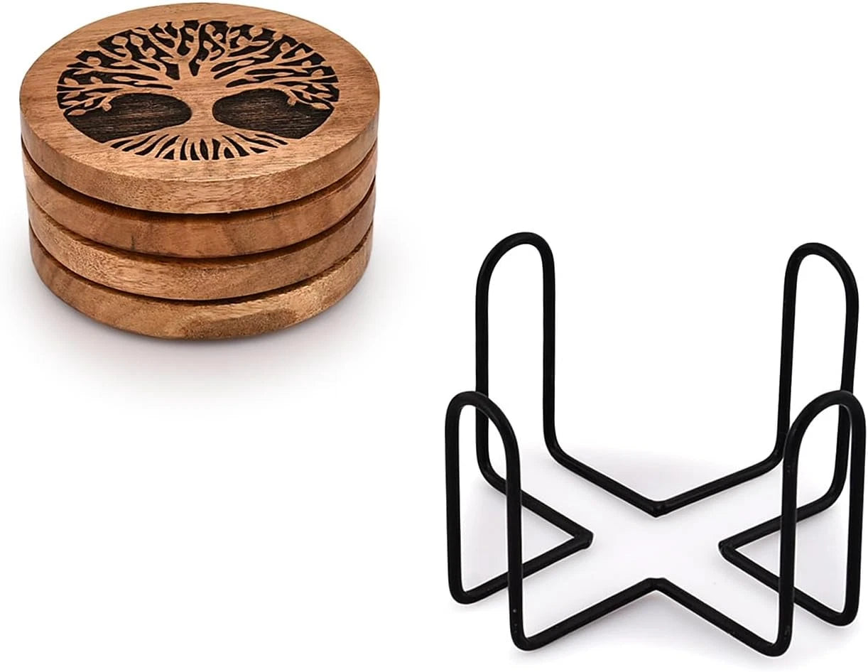 Coasters Set of 4 Handmade Round Wooden Tree of Life Coasters for Drinks with Ir