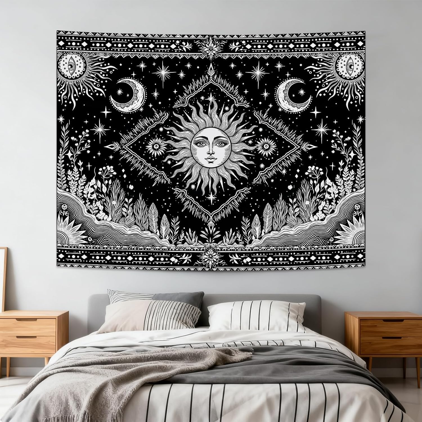 Black and White Sun and Moon Tapestry Hippie Boho Celestial Wall Tapestry for Be