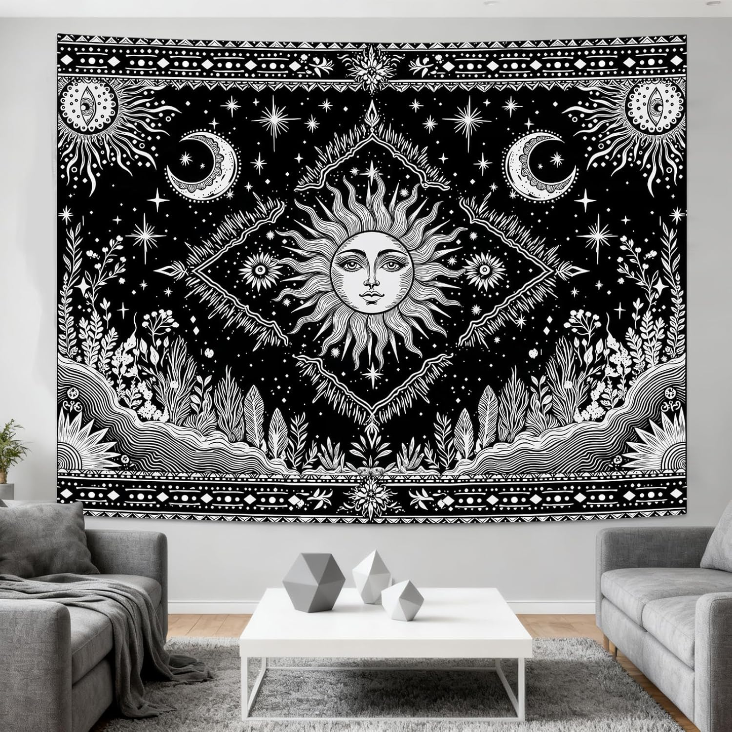Black and White Sun and Moon Tapestry Hippie Boho Celestial Wall Tapestry for Be