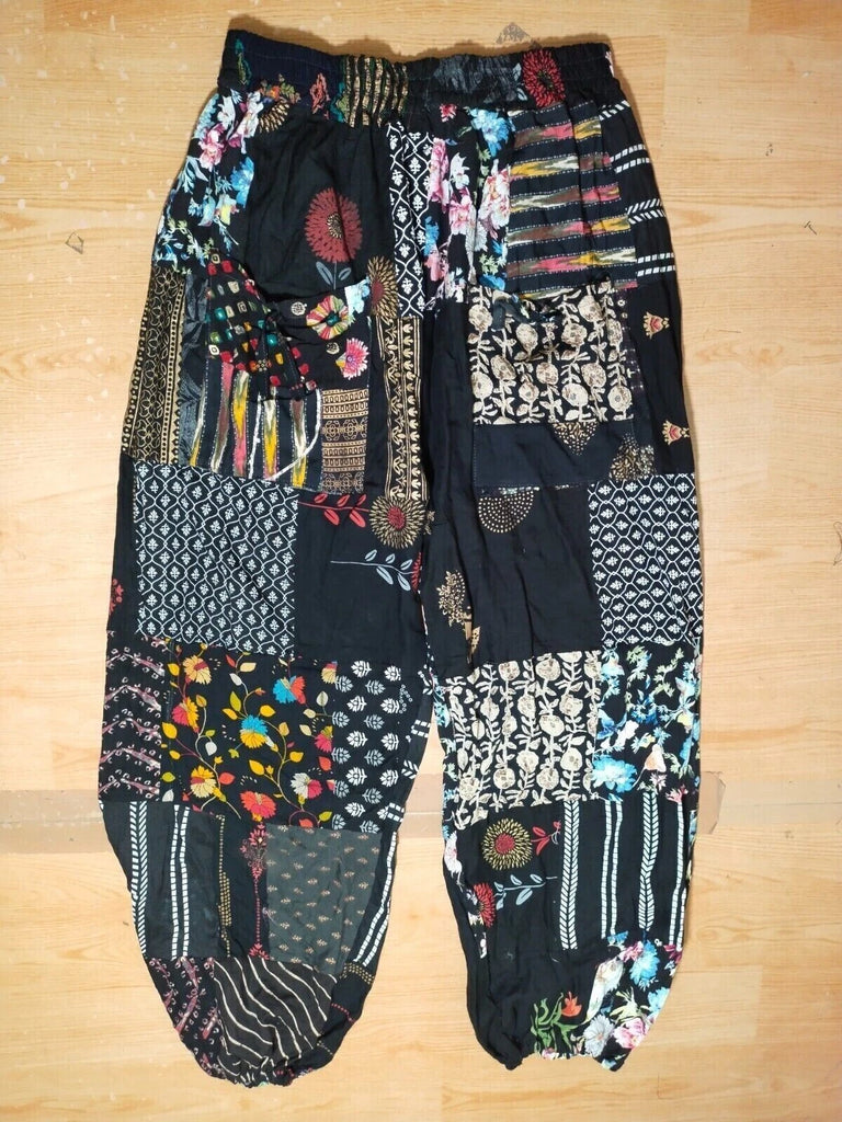 Black Patchwork Harem Pants, Boho Hippie Harem Pants, Wide Leg Yoga Trousers