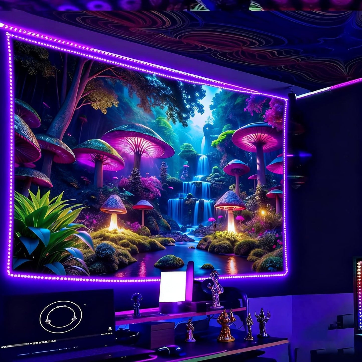 Blacklight Fantasy Mushroom Waterfall Tapestry – UV Reactive Neon Forest Wall Ha
