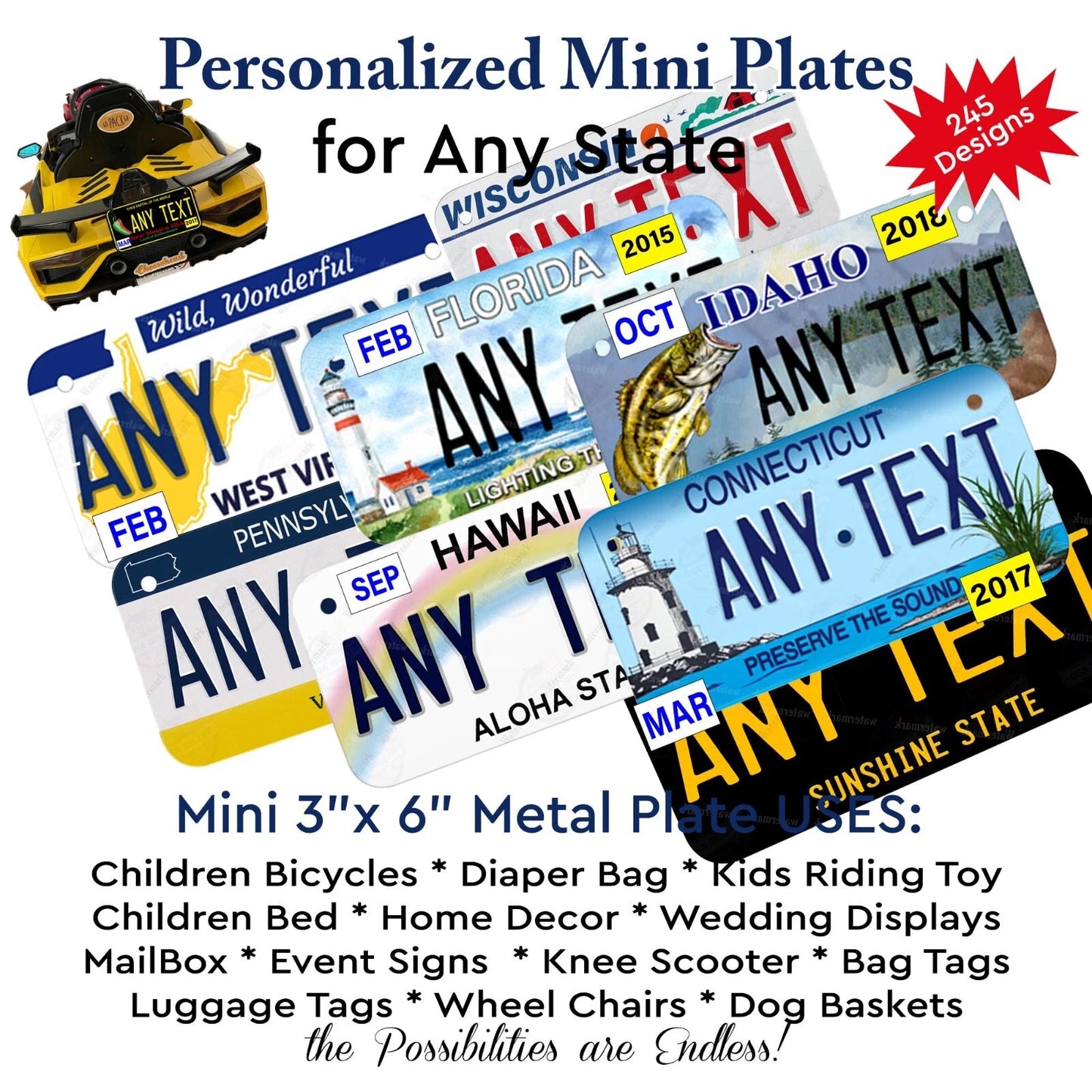 Personalized Any State Kids Mini License Plate Tag for Toys Bicycle Bike etc