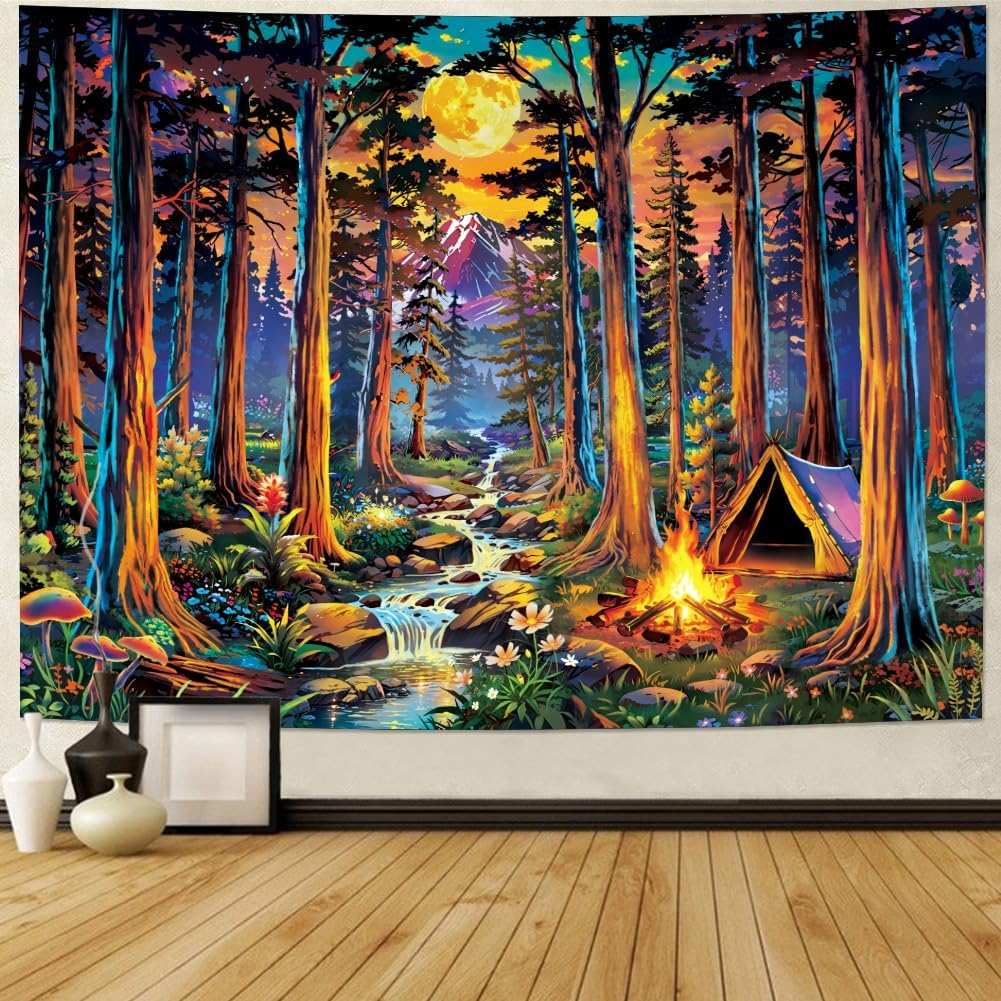Blacklight Fantasy Forest Tapestry UV Reactive Galaxy Space Moon Tapestry Trippy