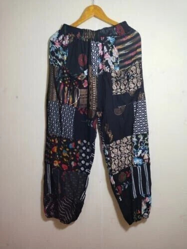 Black Patchwork Harem Pants, Boho Hippie Harem Pants, Wide Leg Yoga Trousers