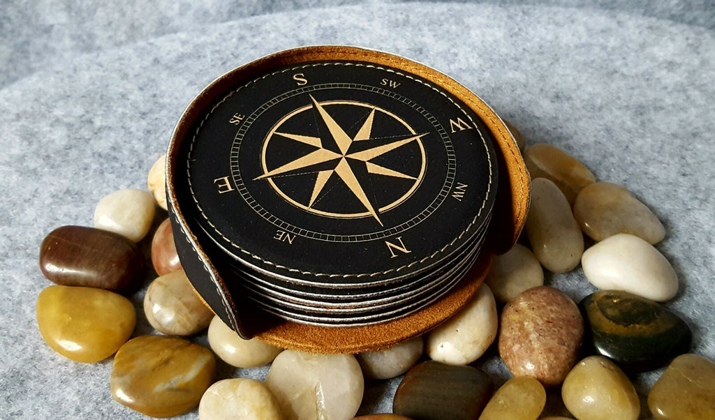 Leather Nautical Compass Coasters Set of 6 w/ Coaster Holder Bar Man Cave Lounge