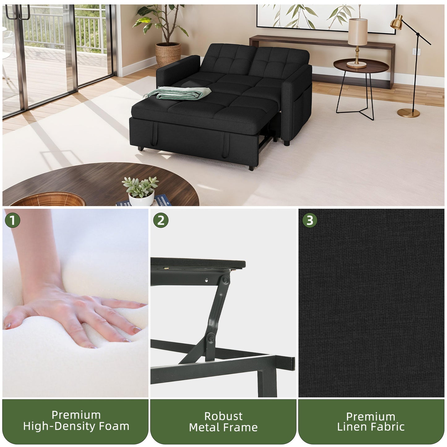 3 in 1 Convertible Sofa Bed 55 inch Sleeper Sofa Linen Loveseat Futon Couch
