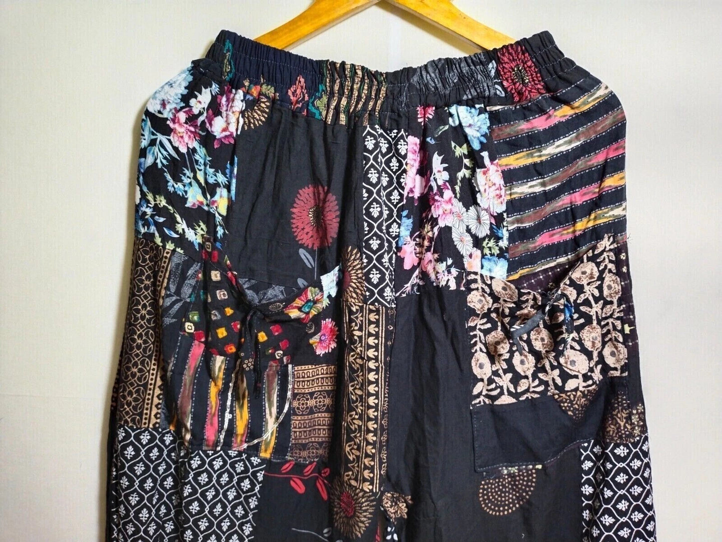 Black Patchwork Harem Pants, Boho Hippie Harem Pants, Wide Leg Yoga Trousers