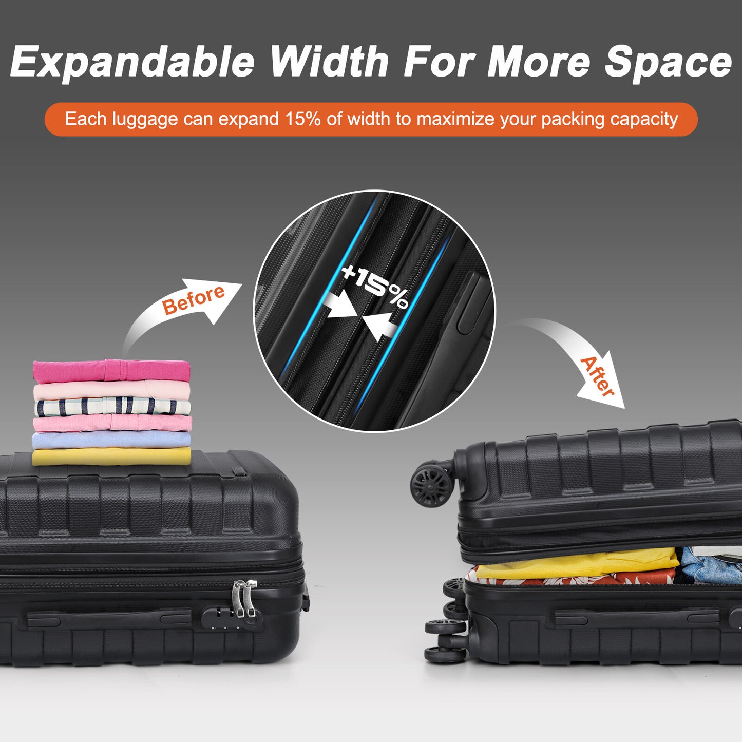 Expandable Luggage Set 3 Piece 21"26"30" Black Hardshell Suitcase with TSA Lock