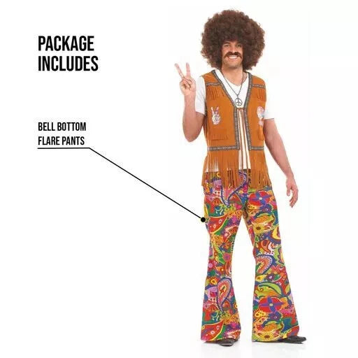 Mens Flared Hippie Paisley Pants for Adult 60s Hippy Costume M-XL Halloween