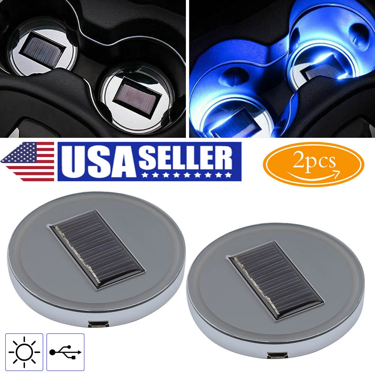 Almohadilla de luz solar LED para taza cubierta de luz para automóvil decoración de interiores accesorios de luz para automóvil 2 piezas-
