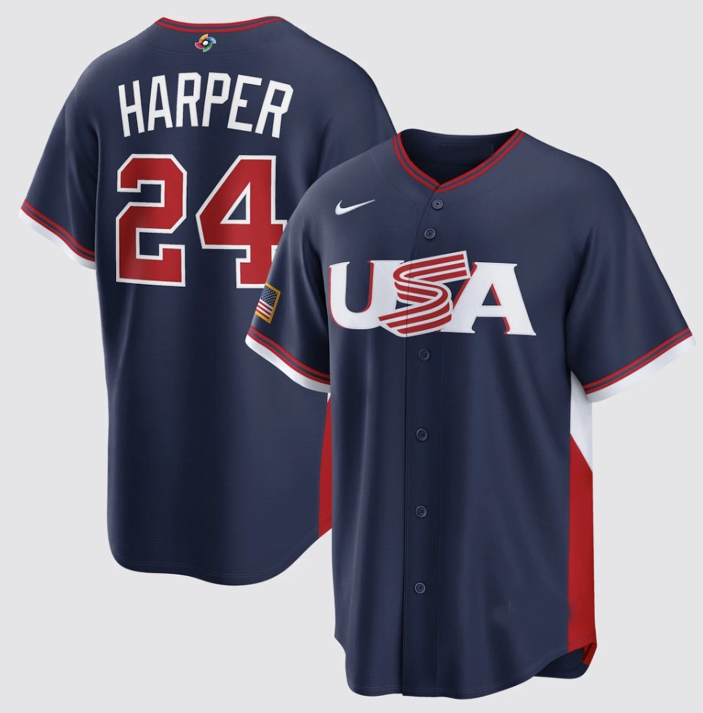 Bryce Harper #24 Name and Number 2026 World Baseball USA Team Navy Tee