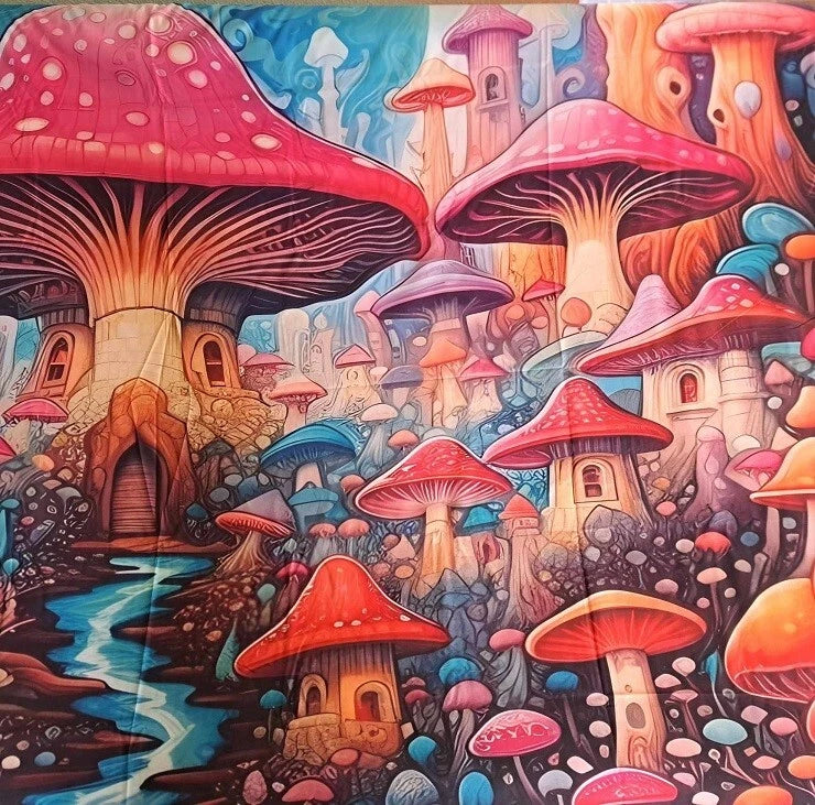 New Hidden Mushroom Village Tapestry Decor Wall Hanging Coverlet NIP Mushrooms