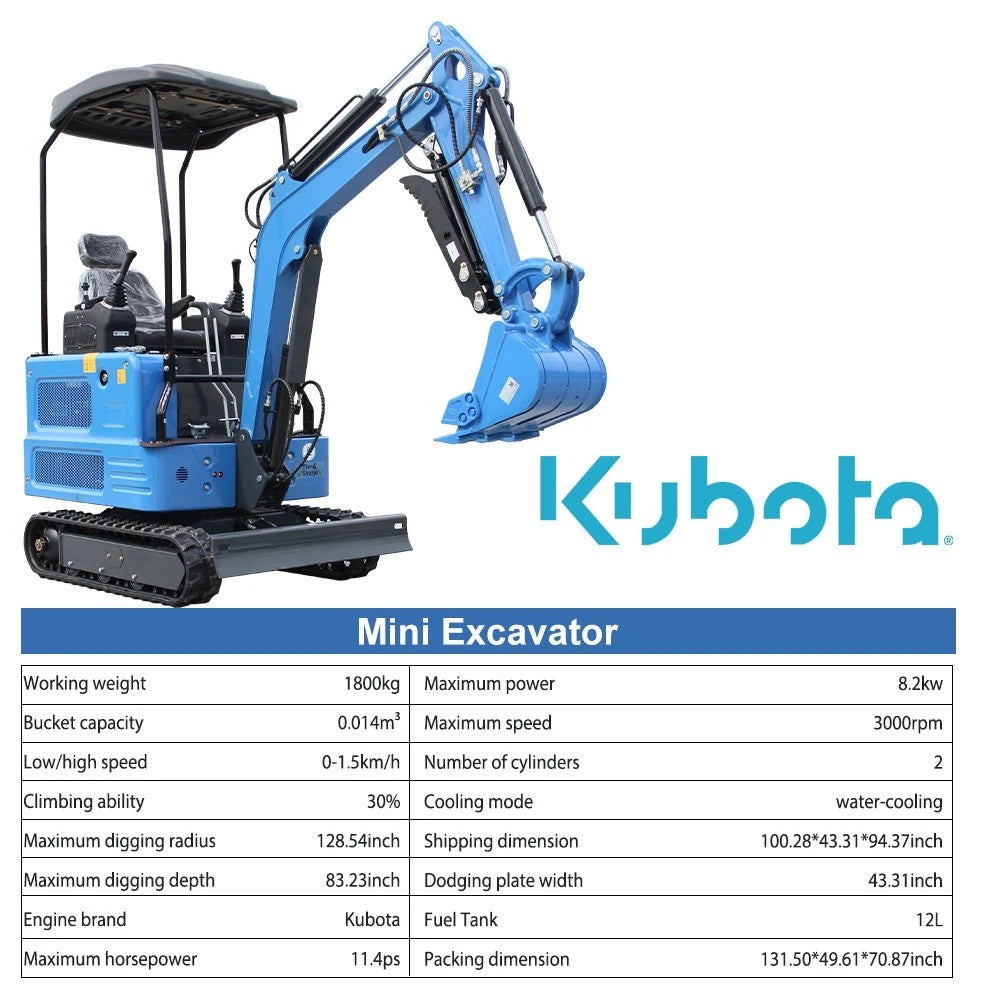 Mini Excavator KUBOTA Diesel 4000lbs 1.8 Ton Super Power Mini Digger