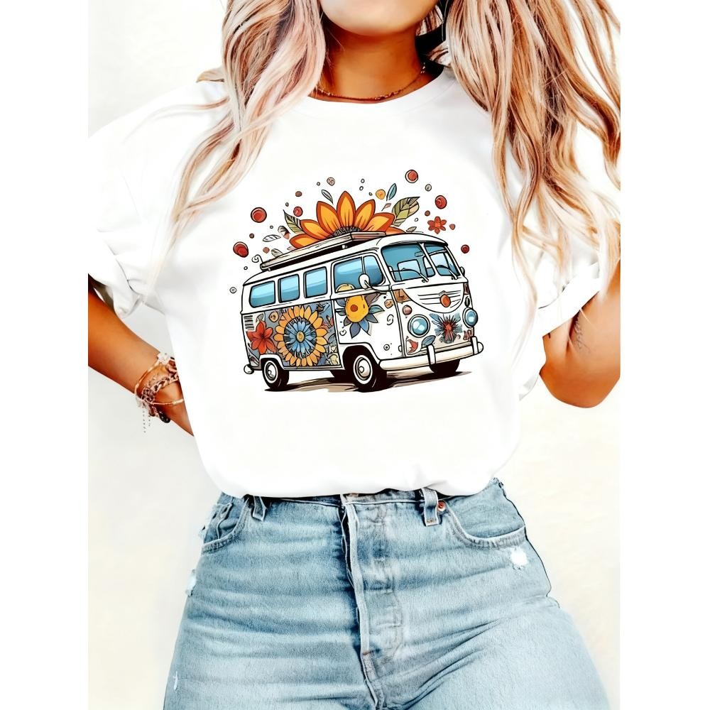 Women's Vintage Hippie Van T-Shirt Floral Boho Retro Bus White Black Casual Top | eBayPágina principal de eBayMás información, sobre el estado del artículoDiners Club