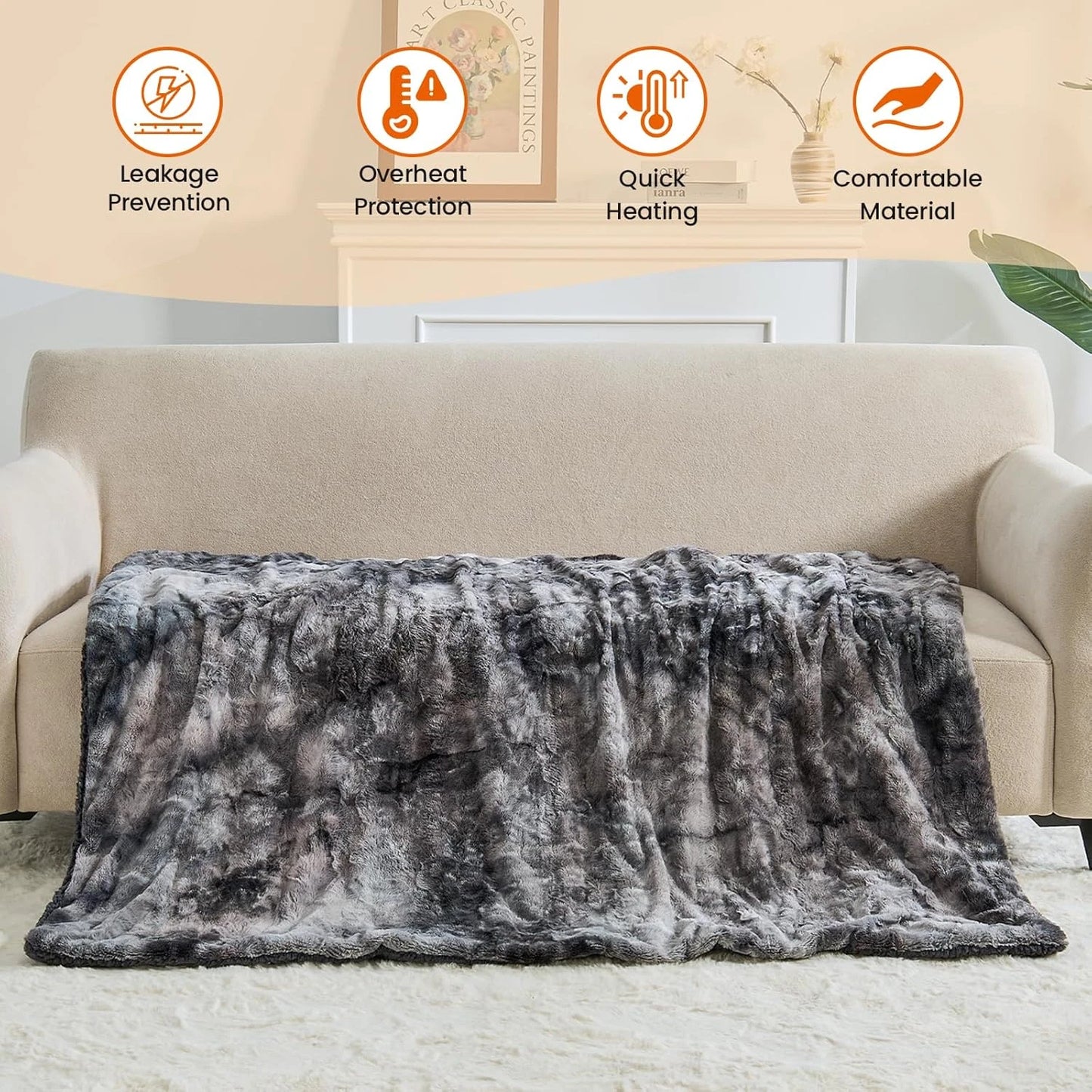 Electric Heated Blanket Throw 50''x60''Size Faux Fur Heating Blanket 10 Heating