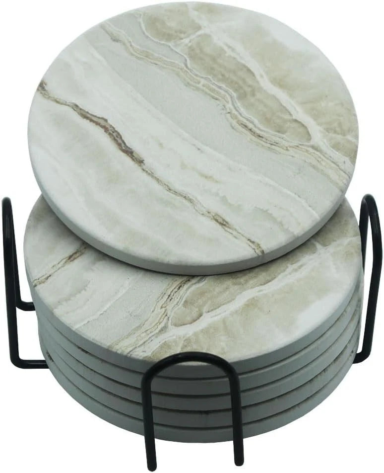 6 PCS Drink Coasters with Holder, 4 Inch Marble Style Ceramic Coaster for Coffee