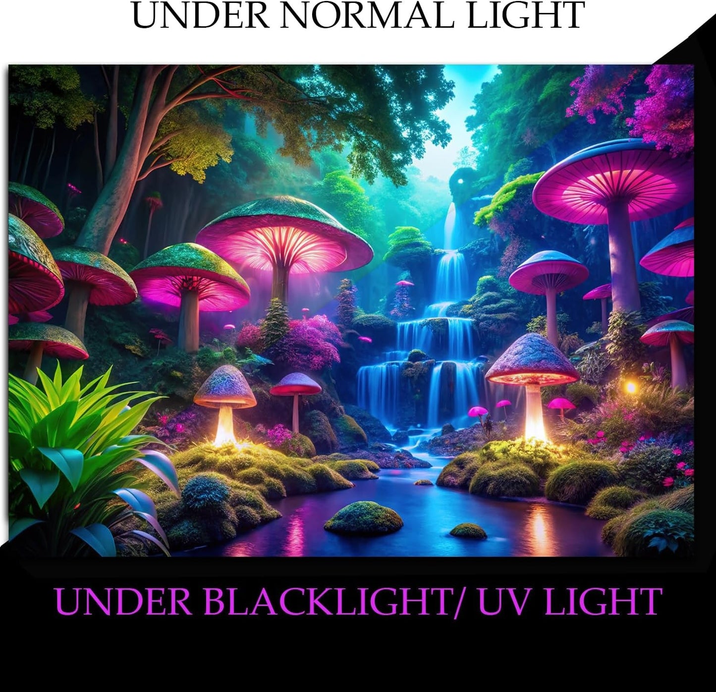 Blacklight Fantasy Mushroom Waterfall Tapestry – UV Reactive Neon Forest Wall Ha